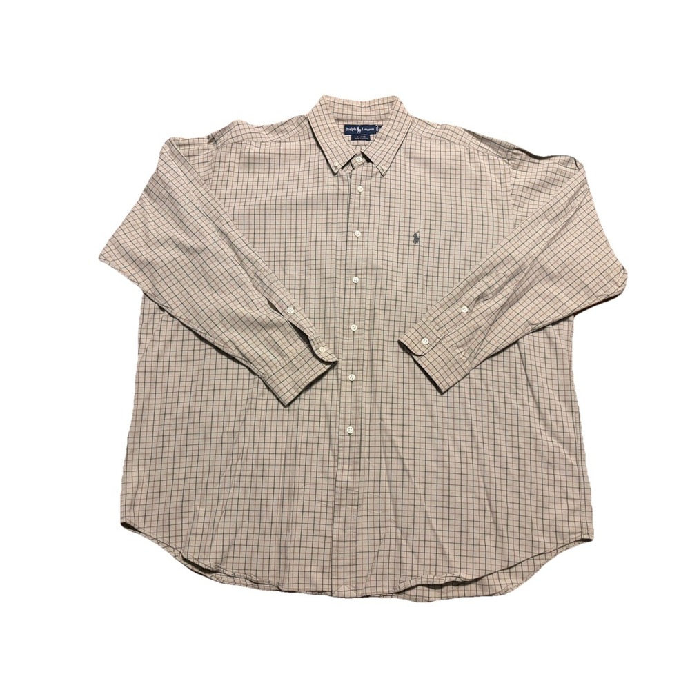 Ralph Lauren Vintage Blake Tan Check Plaid Long Sleeve Button Up Shirt Size XXL